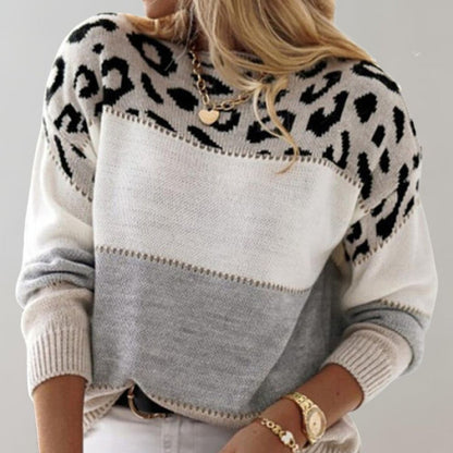 Stylish Pullover Sweater for Women Leopard-Print Colorblock