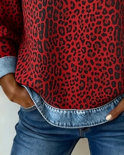 Stylish Blouse for Women Leopard-Print Colorblock