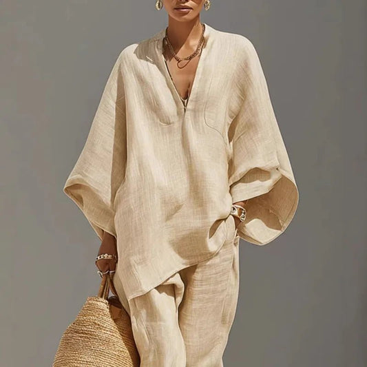 Effortless Linen Matching Set for Women Batwing-Sleeve Tapered-Pants