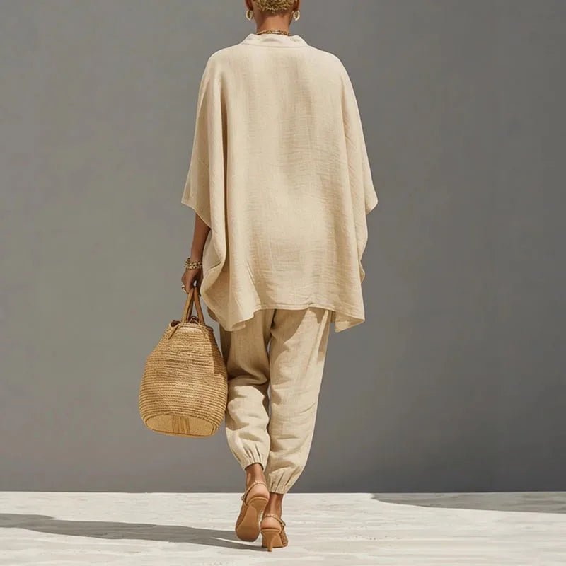 Effortless Linen Matching Set for Women Batwing-Sleeve Tapered-Pants