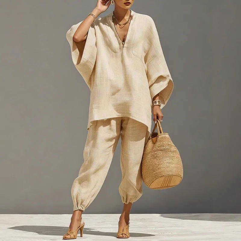 Effortless Linen Matching Set for Women Batwing-Sleeve Tapered-Pants