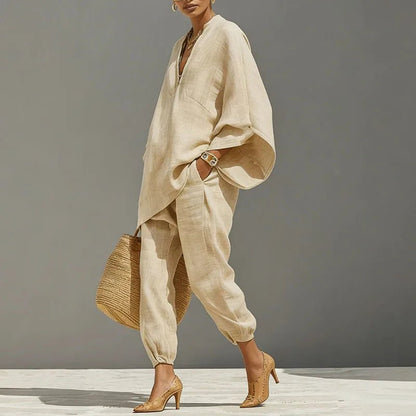 Effortless Linen Matching Set for Women Batwing-Sleeve Tapered-Pants