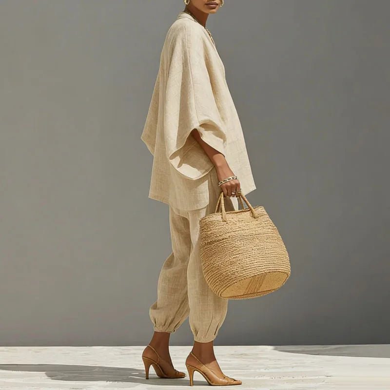 Effortless Linen Matching Set for Women Batwing-Sleeve Tapered-Pants