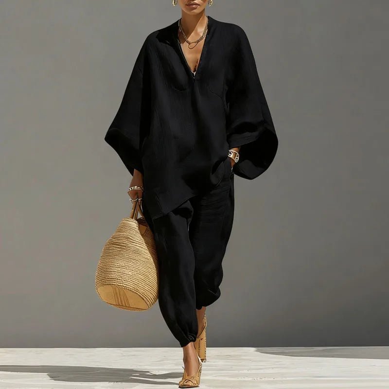 Effortless Linen Matching Set for Women Batwing-Sleeve Tapered-Pants
