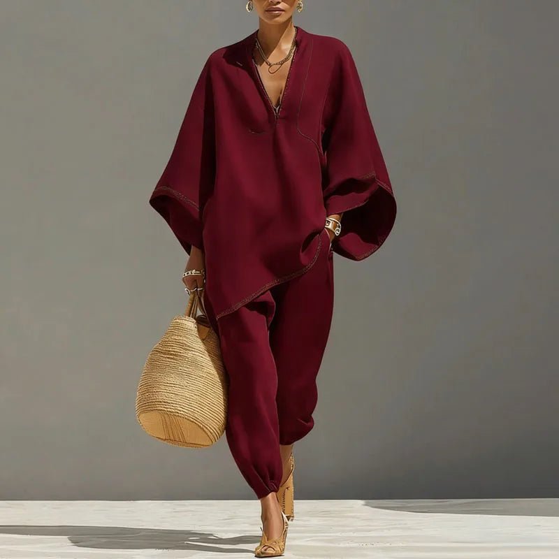 Effortless Linen Matching Set for Women Batwing-Sleeve Tapered-Pants