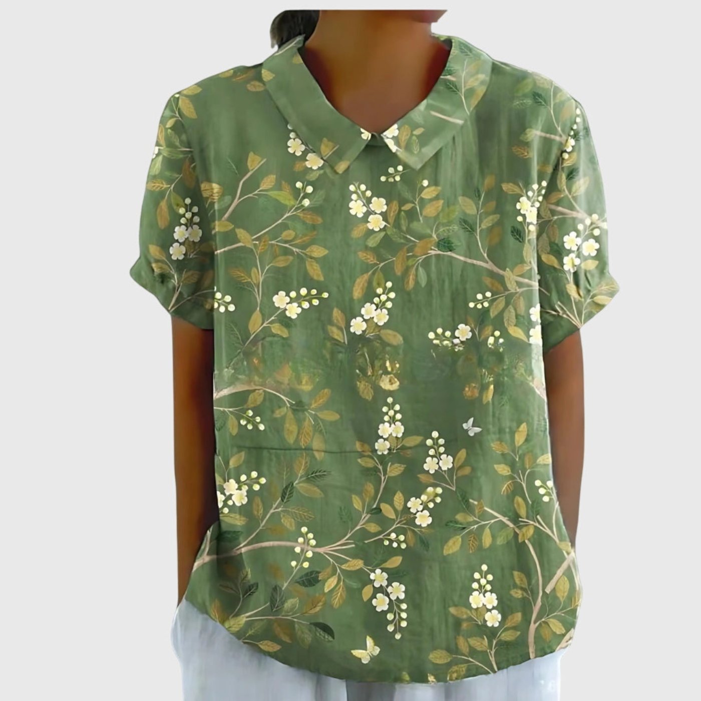 Effortless Linen Blouse for Women Collared Short-Sleeve Floral-Print