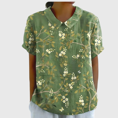 Effortless Linen Blouse for Women Collared Short-Sleeve Floral-Print