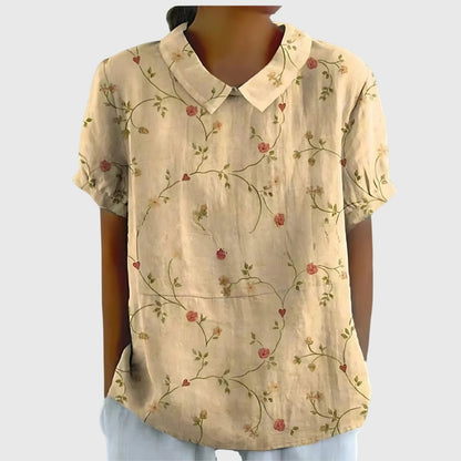 Effortless Linen Blouse for Women Collared Short-Sleeve Floral-Print