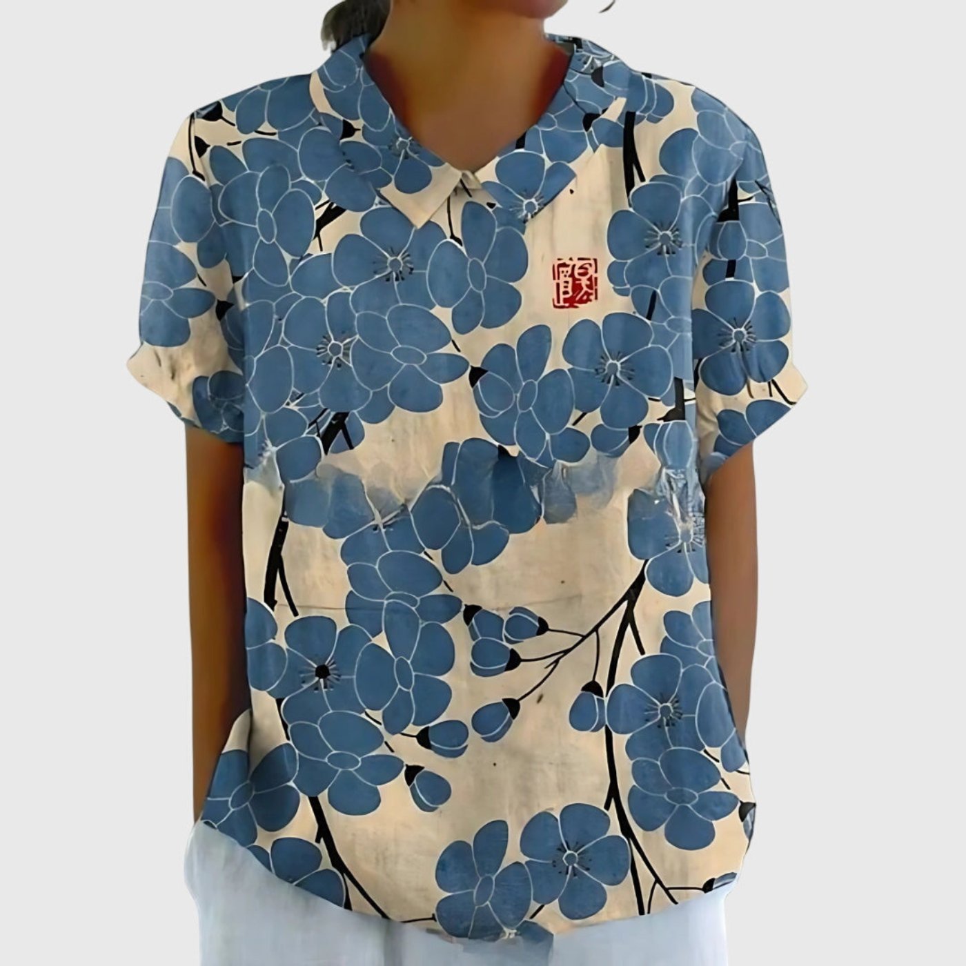 Effortless Linen Blouse for Women Collared Short-Sleeve Floral-Print