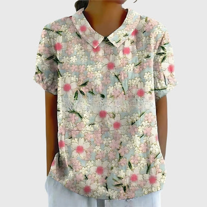 Effortless Linen Blouse for Women Collared Short-Sleeve Floral-Print