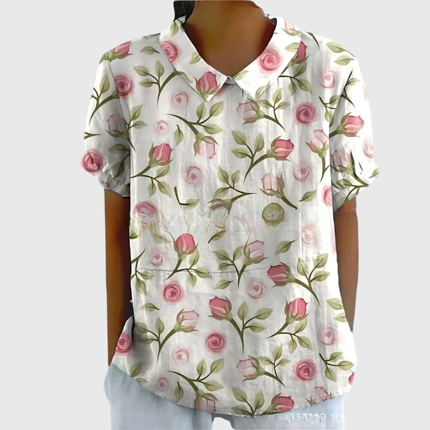 Effortless Linen Blouse for Women Collared Short-Sleeve Floral-Print