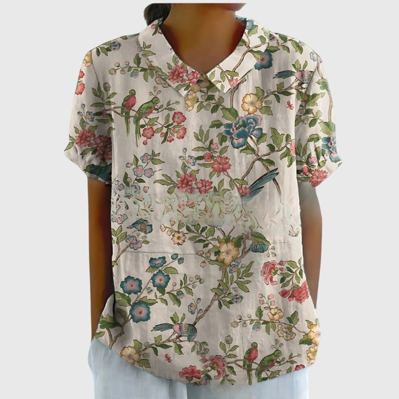 Effortless Linen Blouse for Women Collared Short-Sleeve Floral-Print