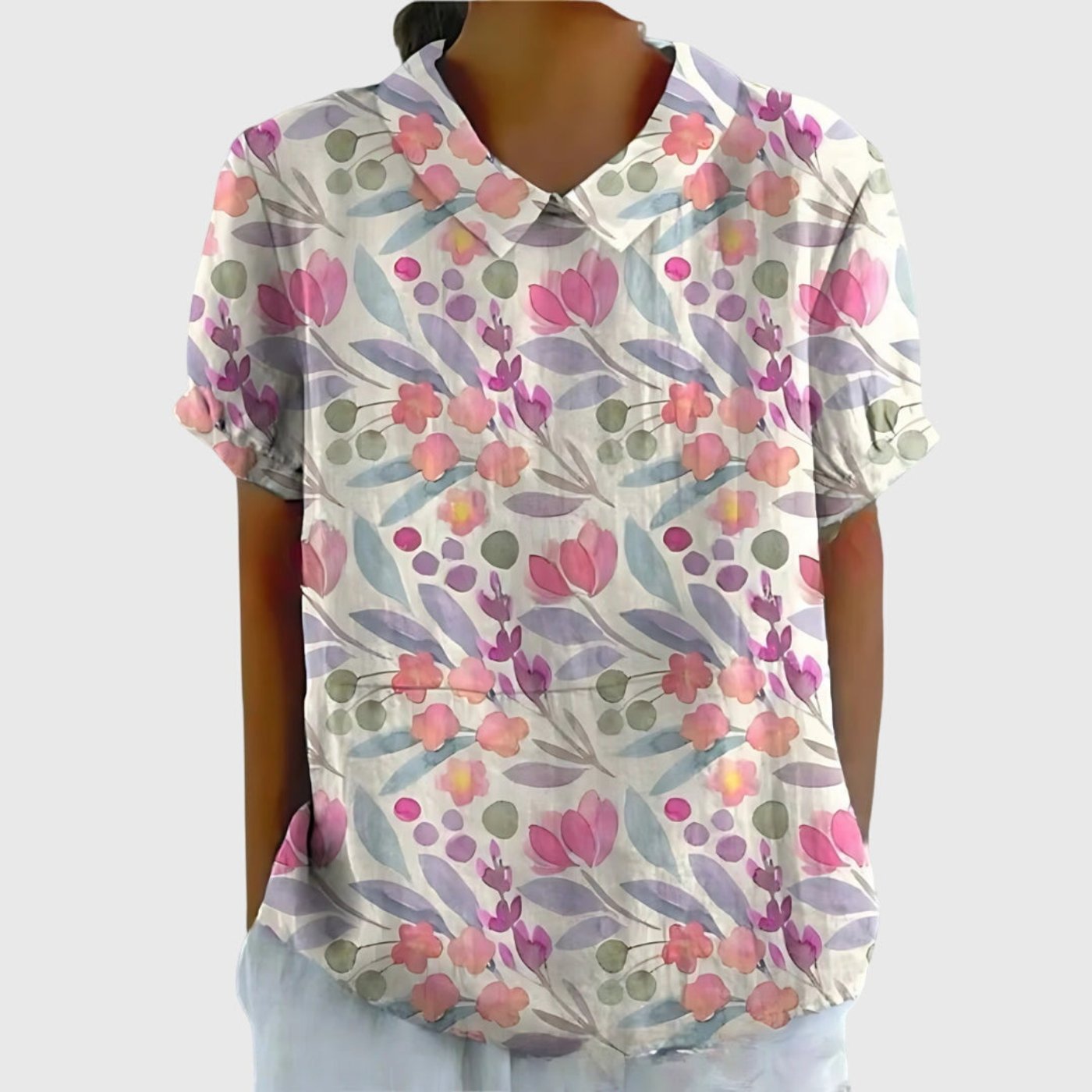 Effortless Linen Blouse for Women Collared Short-Sleeve Floral-Print