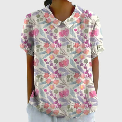 Effortless Linen Blouse for Women Collared Short-Sleeve Floral-Print
