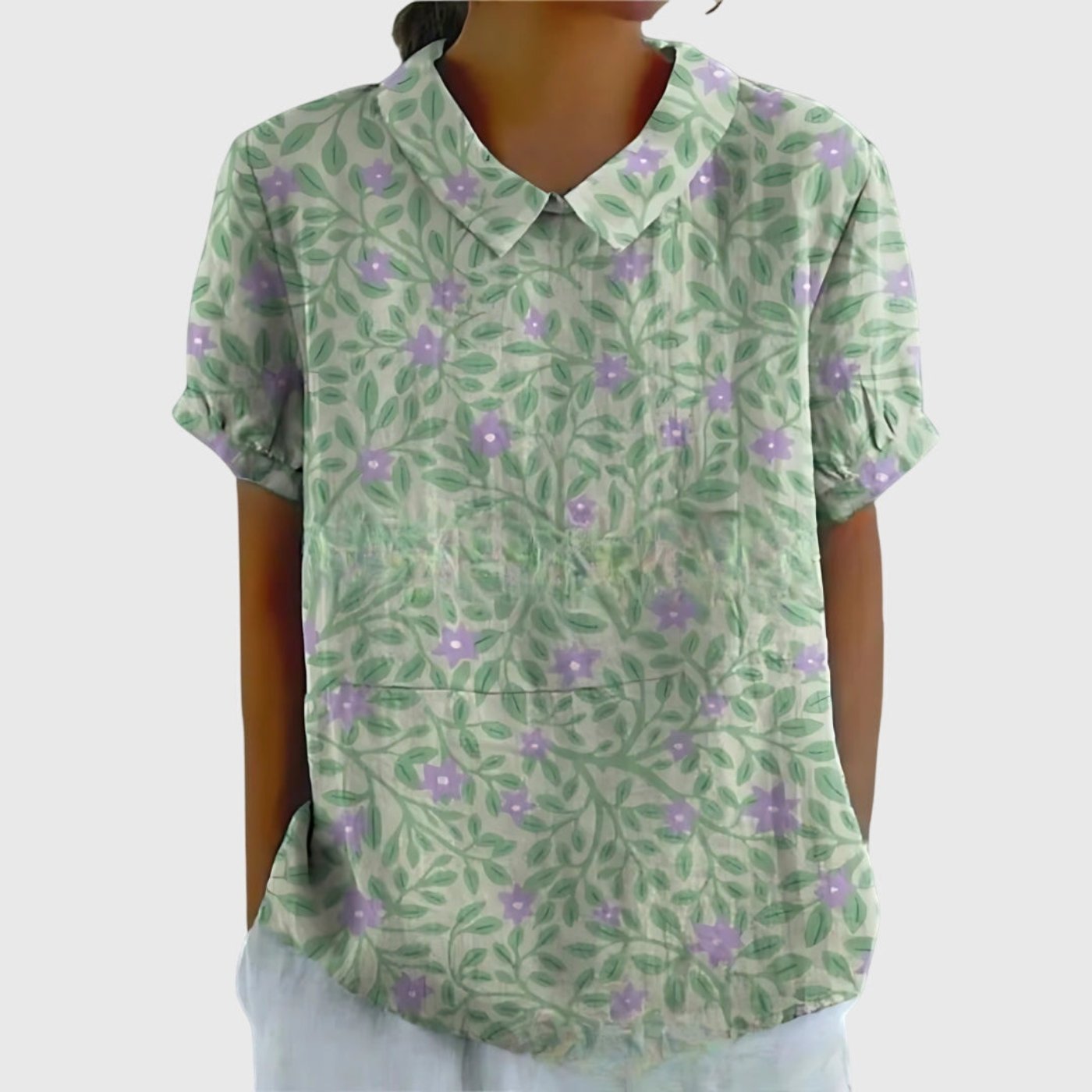 Effortless Linen Blouse for Women Collared Short-Sleeve Floral-Print
