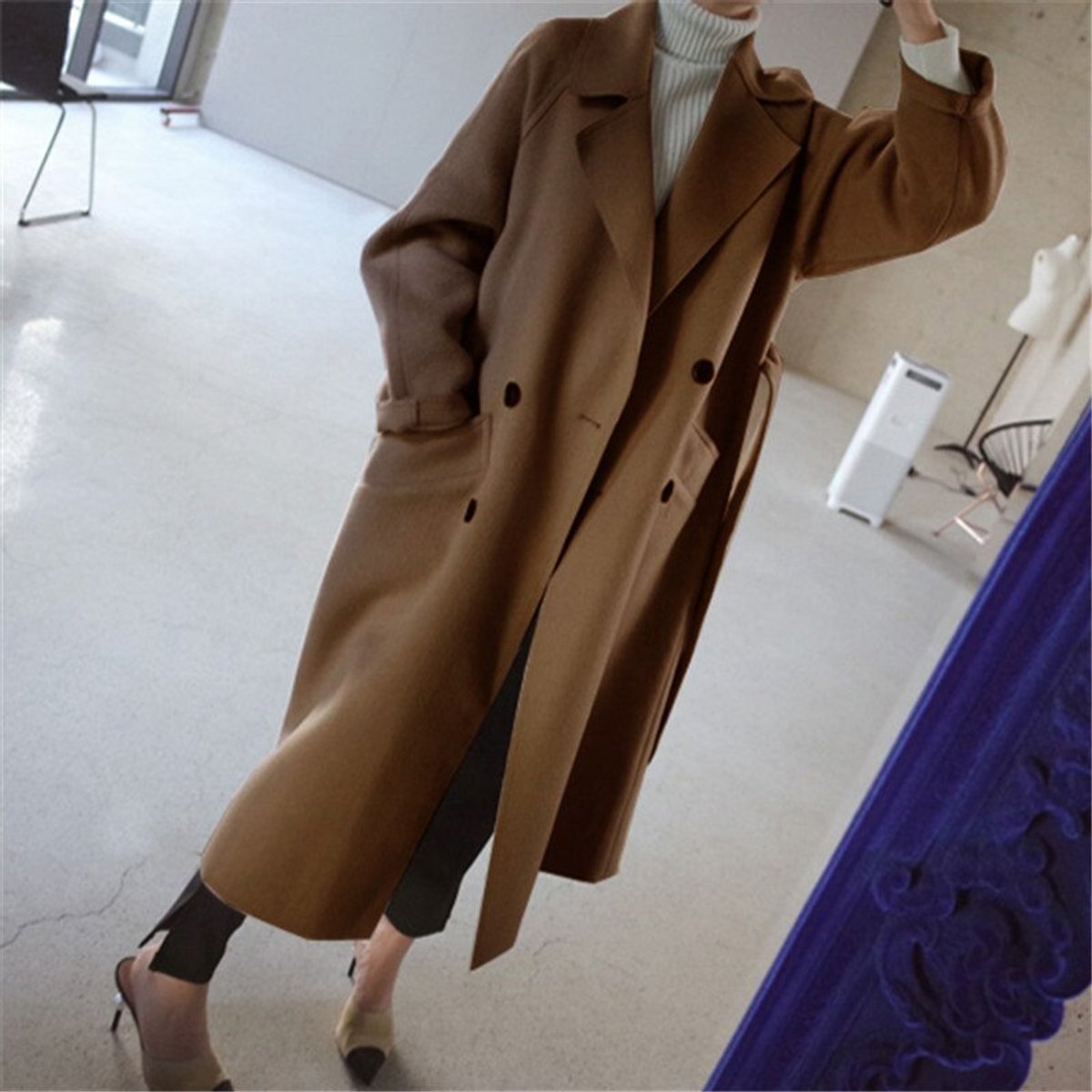 Elegant Long Coat for Women Double-Breasted Oversized