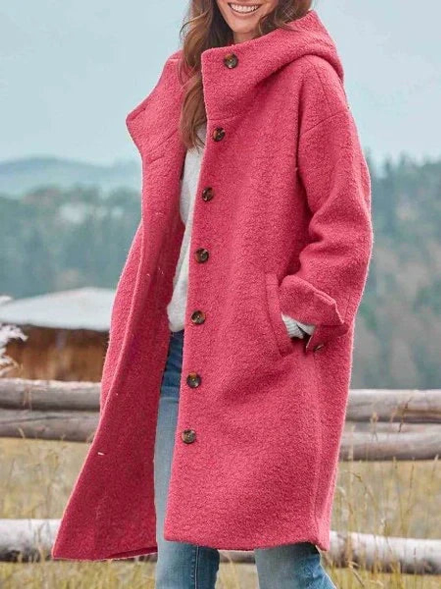 Elegant Long Coat for Women Hooded Button-Front