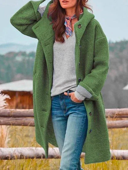 Elegant Long Coat for Women Hooded Button-Front