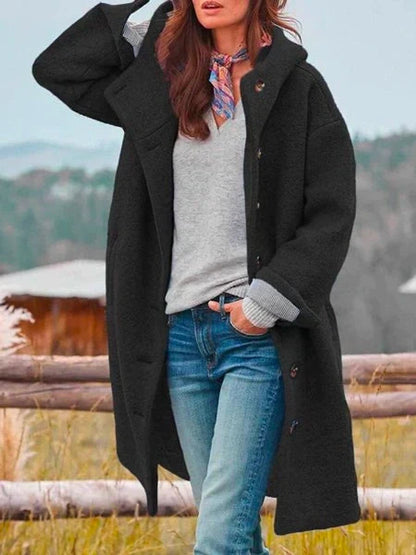 Elegant Long Coat for Women Hooded Button-Front