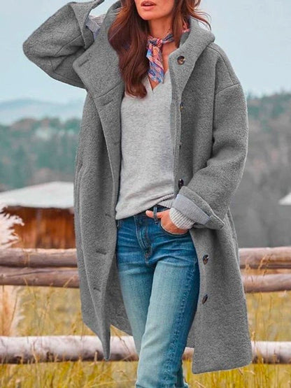 Elegant Long Coat for Women Hooded Button-Front