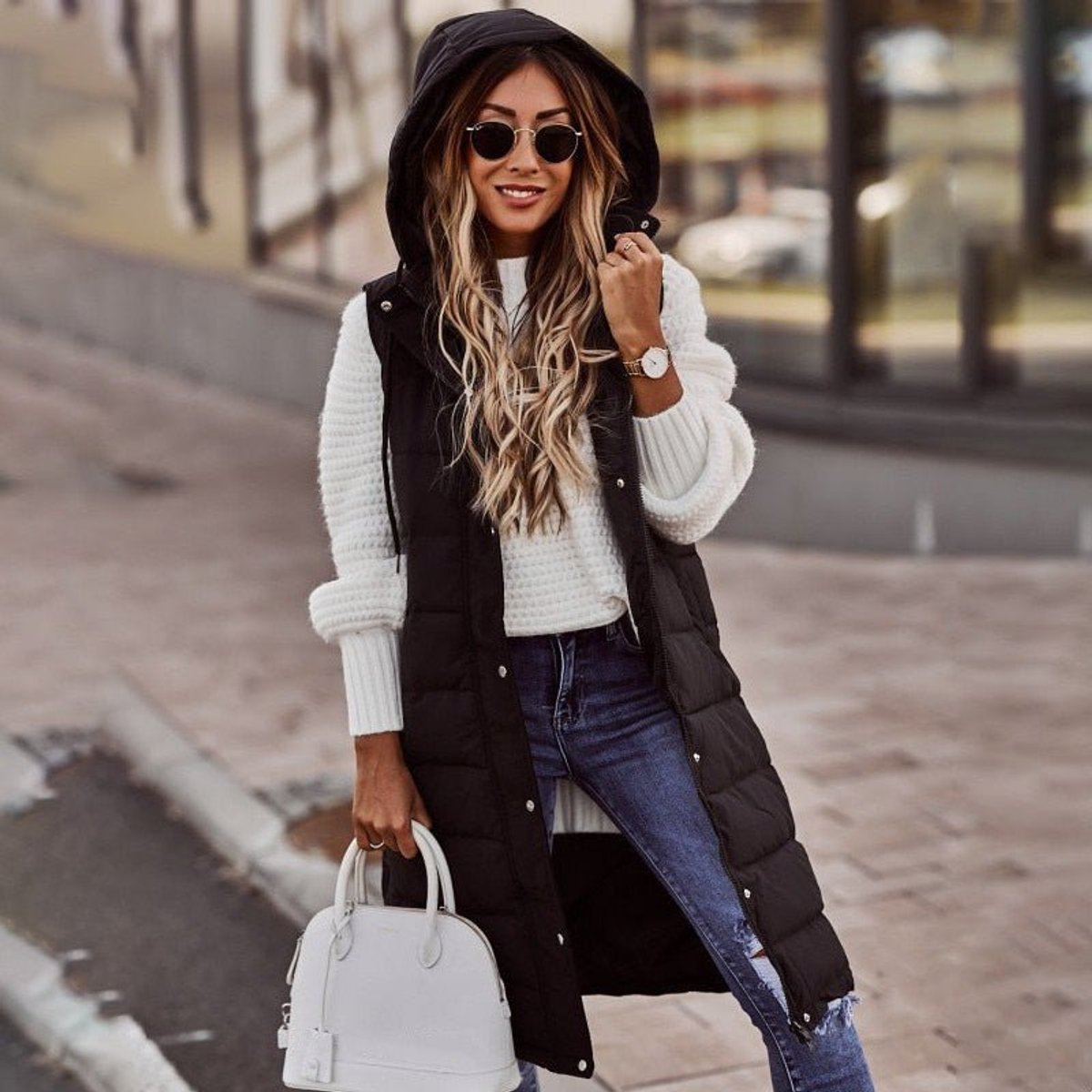 Stylish Long Puffer Vest for Women Hooded Quilted Sleeveless