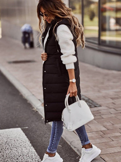 Stylish Long Puffer Vest for Women Hooded Quilted Sleeveless