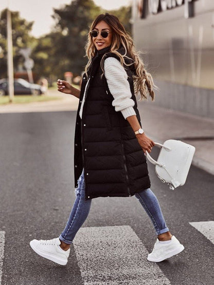 Stylish Long Puffer Vest for Women Hooded Quilted Sleeveless