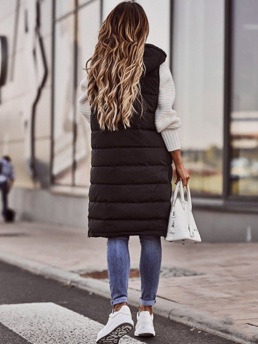 Stylish Long Puffer Vest for Women Hooded Quilted Sleeveless