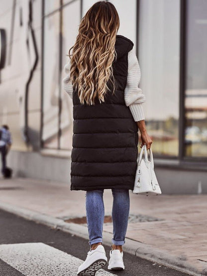 Stylish Long Puffer Vest for Women Hooded Quilted Sleeveless