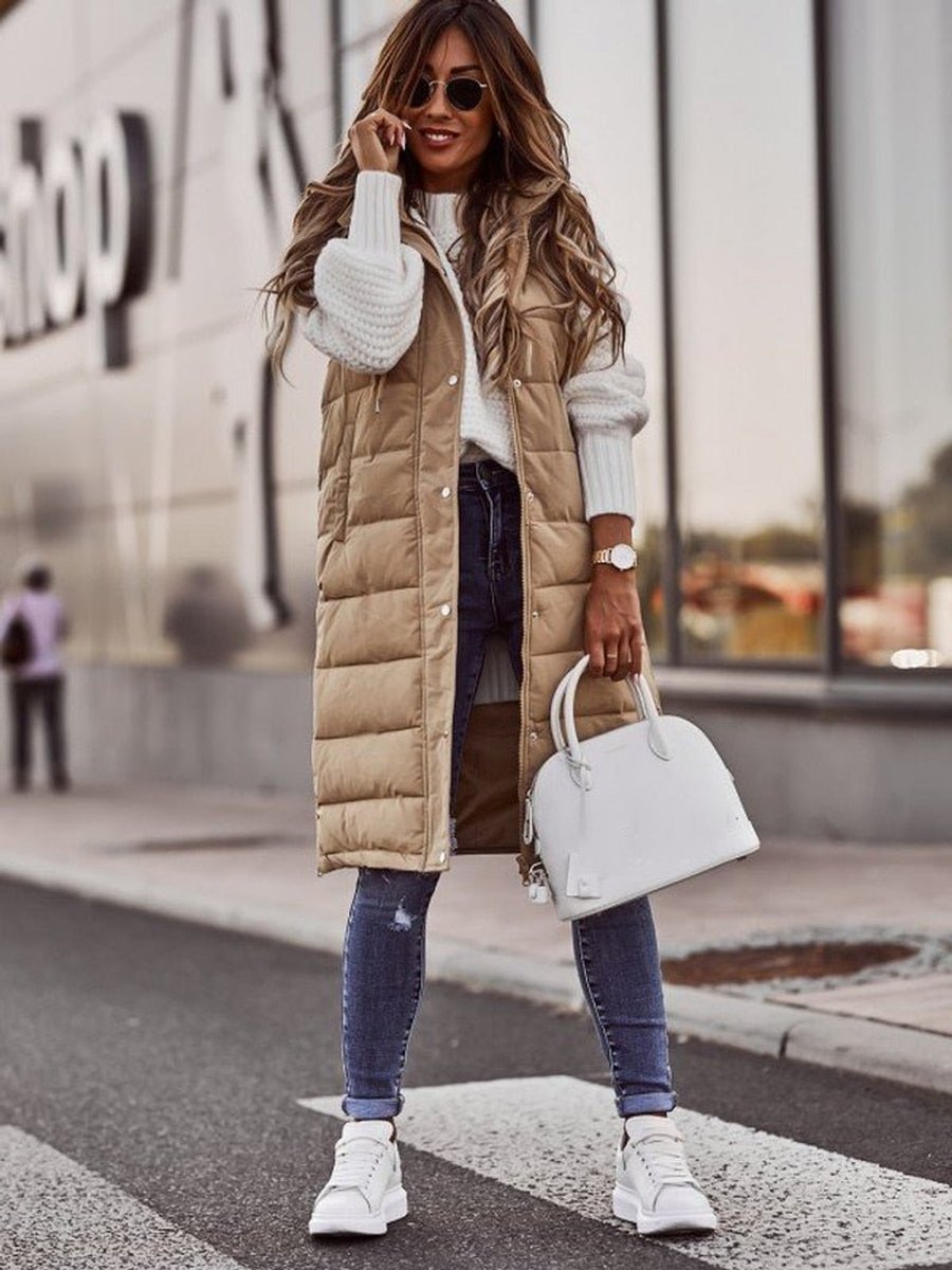 Stylish Long Puffer Vest for Women Hooded Quilted Sleeveless