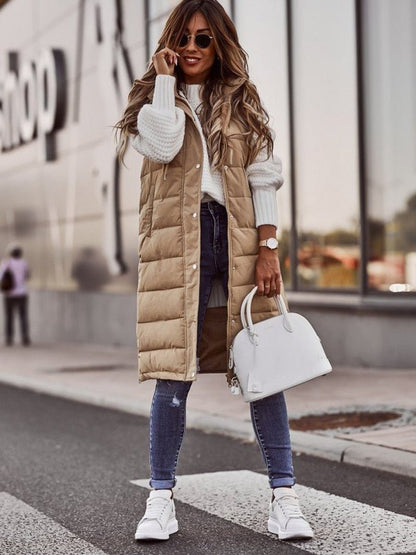Stylish Long Puffer Vest for Women Hooded Quilted Sleeveless