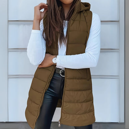Stylish Long Puffer Vest for Women Hooded Sleeveless