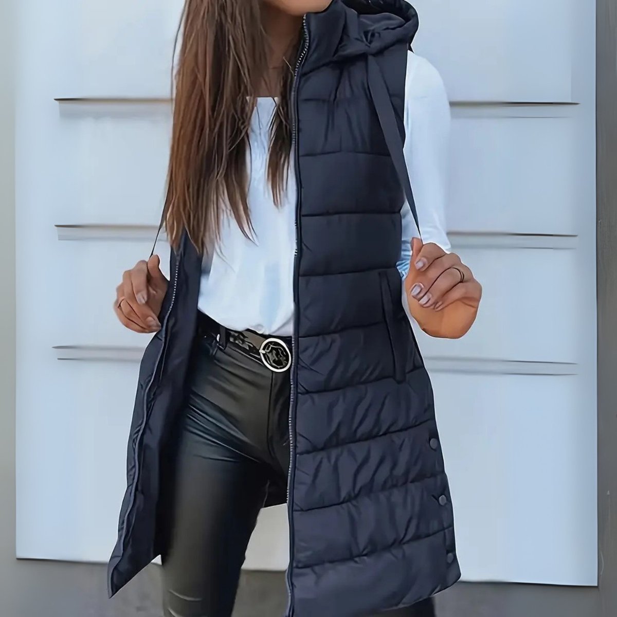 Stylish Long Puffer Vest for Women Hooded Sleeveless