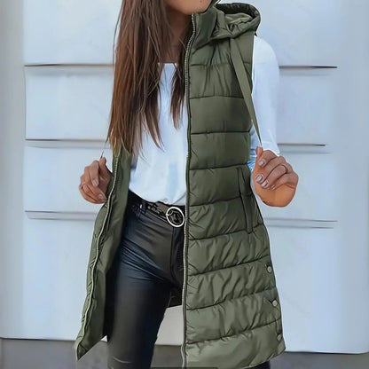 Stylish Long Puffer Vest for Women Hooded Sleeveless