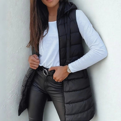 Stylish Long Puffer Vest for Women Hooded Sleeveless