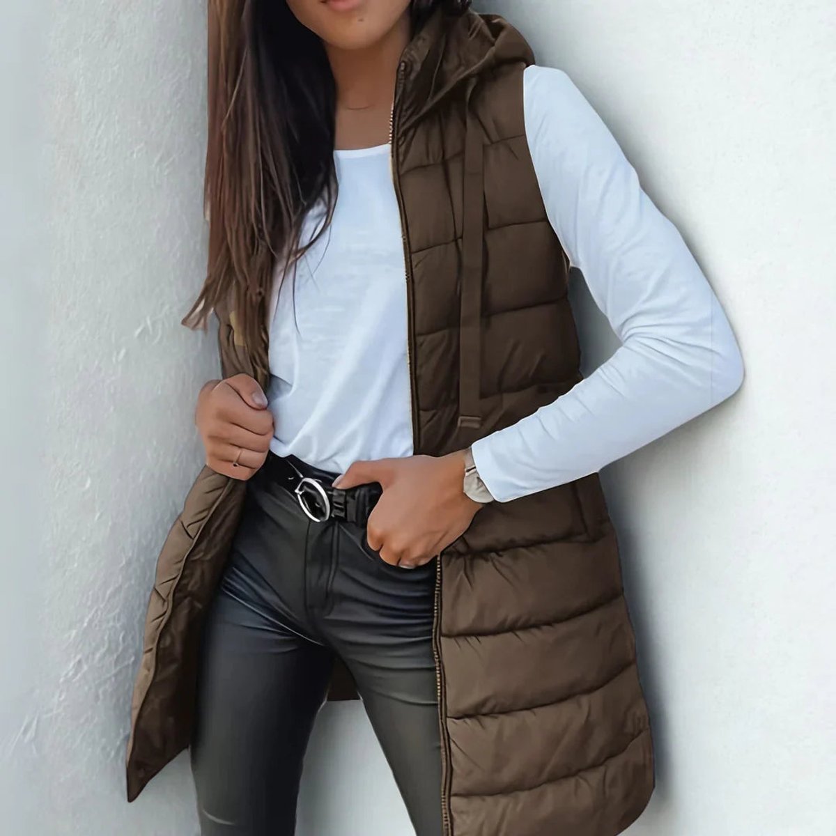 Stylish Long Puffer Vest for Women Hooded Sleeveless
