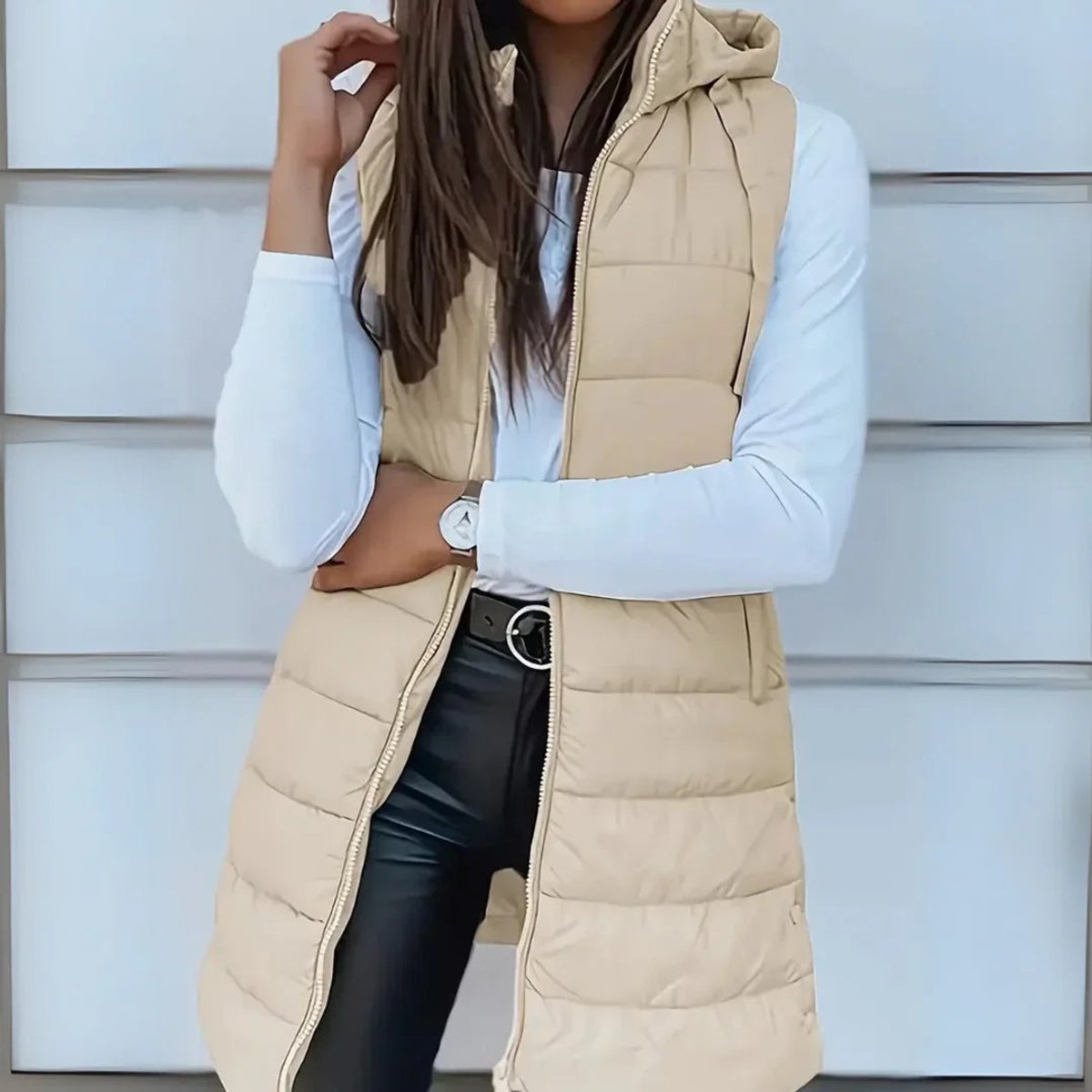 Stylish Long Puffer Vest for Women Hooded Sleeveless