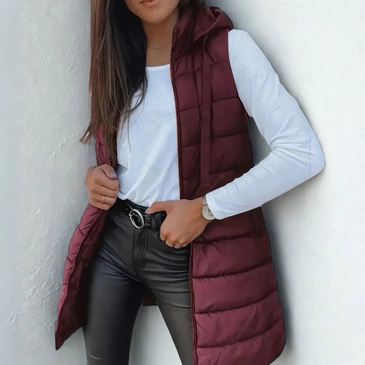 Stylish Long Puffer Vest for Women Hooded Sleeveless