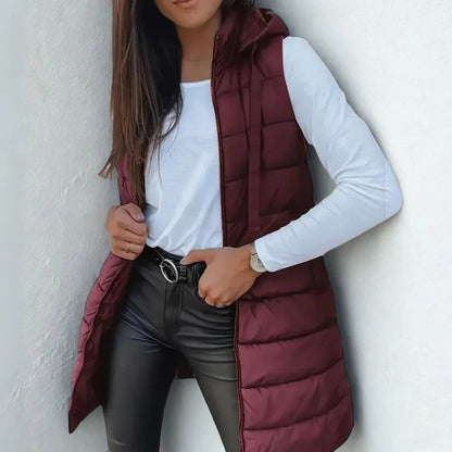 Stylish Long Puffer Vest for Women Hooded Sleeveless