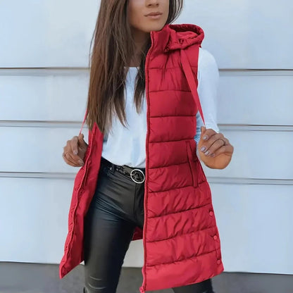 Stylish Long Puffer Vest for Women Hooded Sleeveless