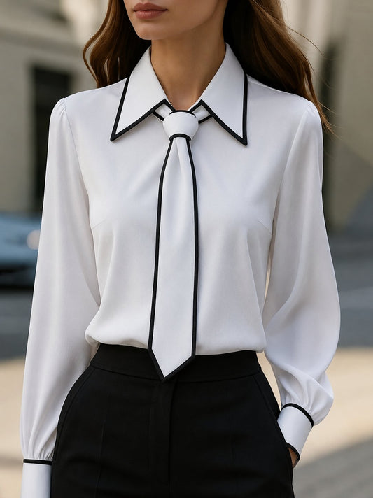 Elegant Blouse for Women Long-Sleeve Contrast-Trim Tie-Neck