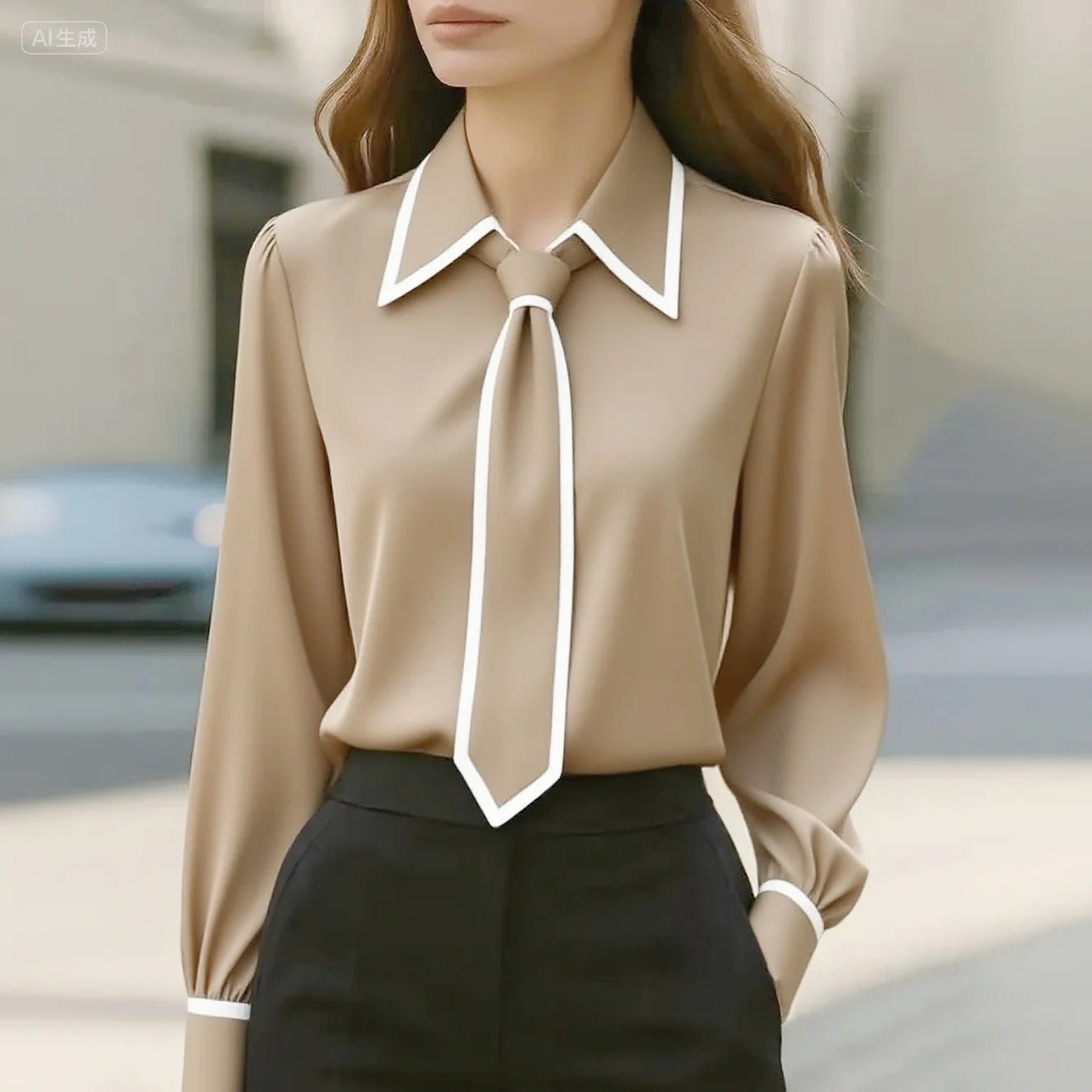 Elegant Blouse for Women Long-Sleeve Contrast-Trim Tie-Neck