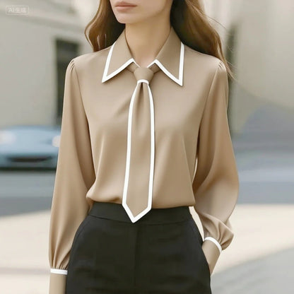 Elegant Blouse for Women Long-Sleeve Contrast-Trim Tie-Neck