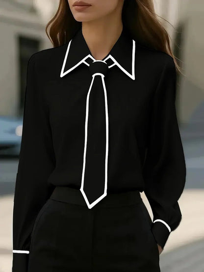Elegant Blouse for Women Long-Sleeve Contrast-Trim Tie-Neck