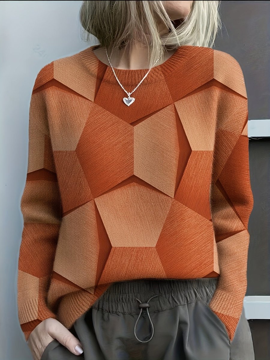 Stylish Pullover Sweater for Women Geometric-Print Crewneck
