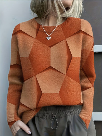 Stylish Pullover Sweater for Women Geometric-Print Crewneck