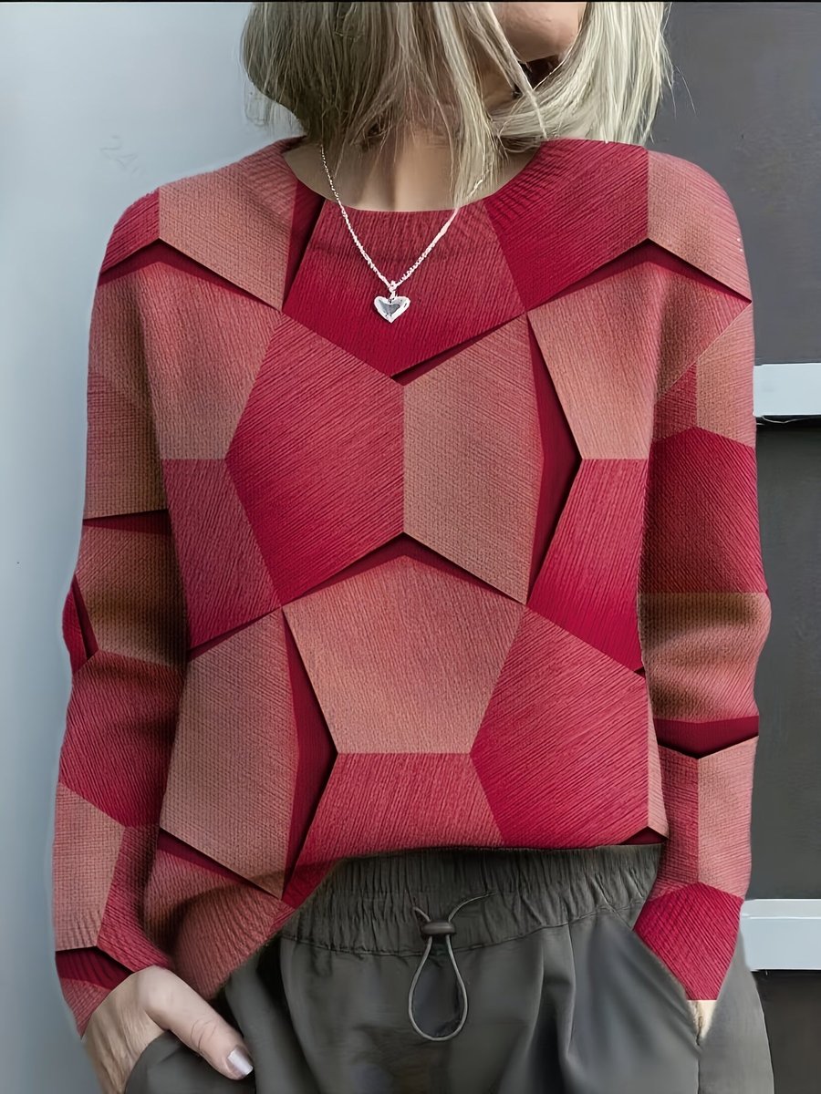 Stylish Pullover Sweater for Women Geometric-Print Crewneck