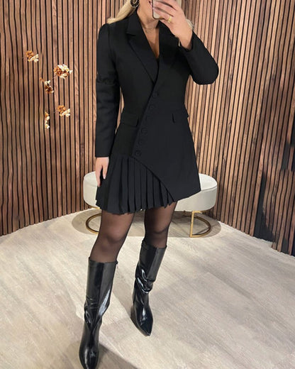 Elegant Mini Dress for Women Pleated Blazer Long-Sleeve