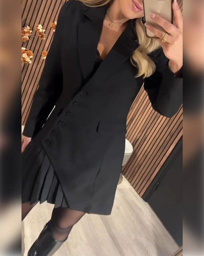 Elegant Mini Dress for Women Pleated Blazer Long-Sleeve