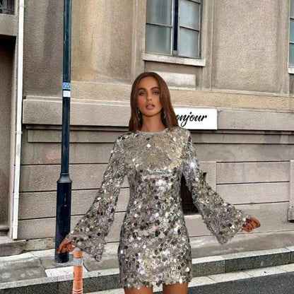 Elegant Mini Dress for Women Long-Sleeve Sequin